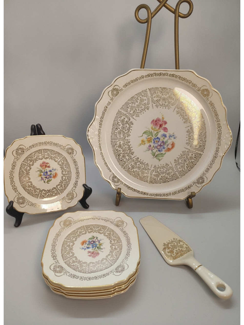 Vintage Queen Anne Floral Cake Plate Dessert Set Warranted 22K Gold USA Union